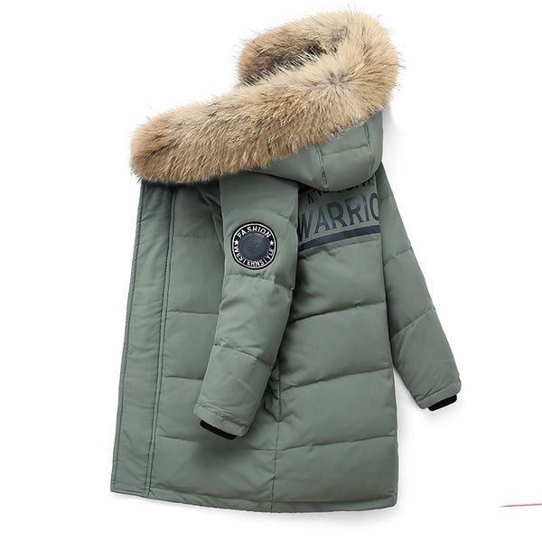 Children Winter Coat Snow Wear Kids Boy Outerwear Big Fur White Duck Down Long Style Zipper Solid Color Boy Jacket